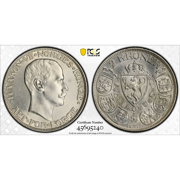 NORWAY: Haakon VII, 1905-1957, AR 2 kroner, 1912, PCGS UNC Details