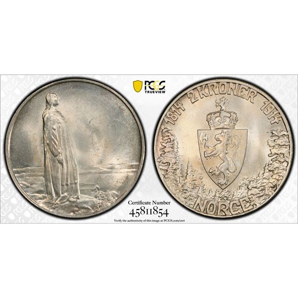 NORWAY: Haakon VII, 1905-1957, AR 2 kroner, 1914, PCGS MS65