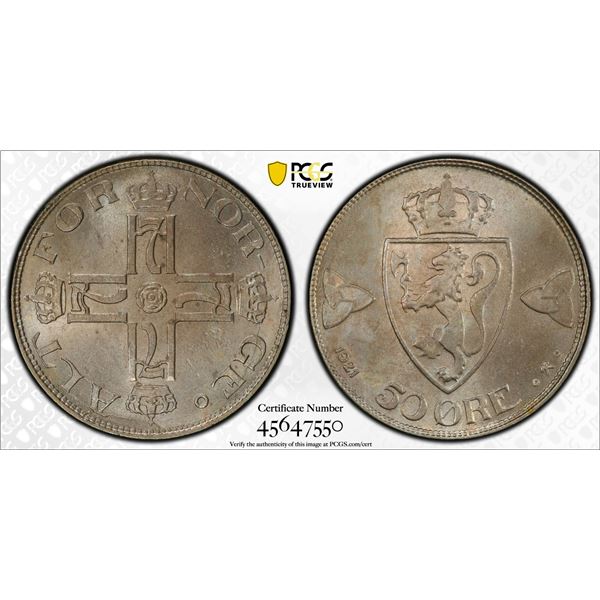 NORWAY: Haakon VII, 1905-1957, 50 øre, 1921, PCGS MS64