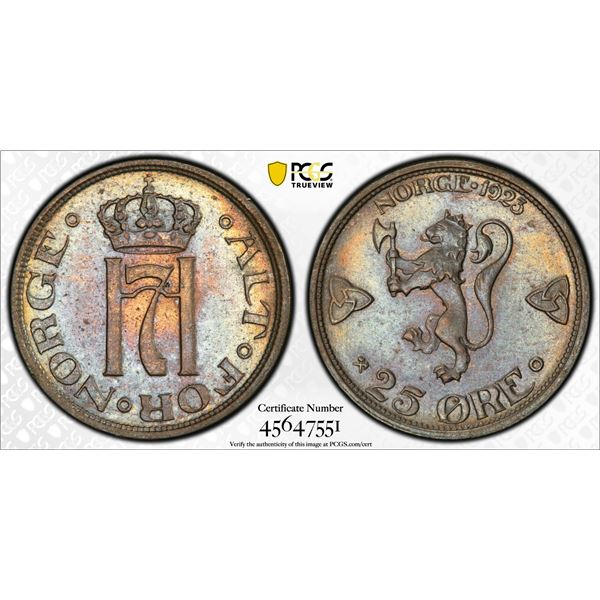 NORWAY: Haakon VII, 1905-1957, 25 øre, 1923, PCGS MS64