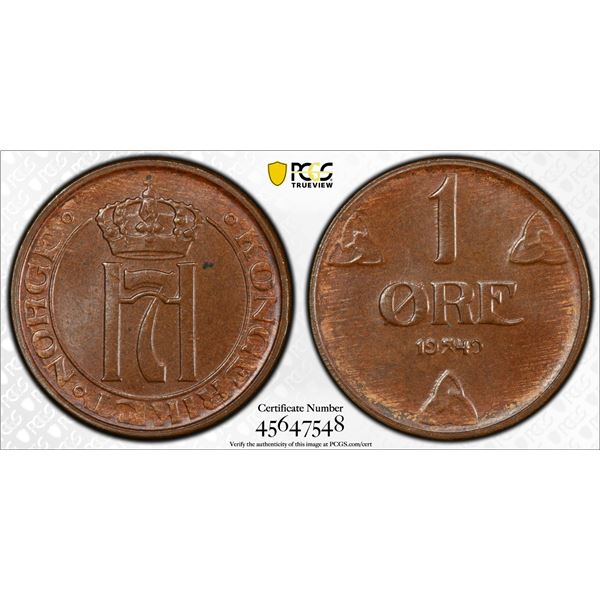 NORWAY: Haakon VII, 1905-1957, AE øre, 1949, PCGS MS64 BN