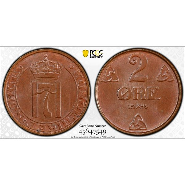 NORWAY: Haakon VII, 1905-1957, AE 2 øre, 1949, PCGS MS64 BN