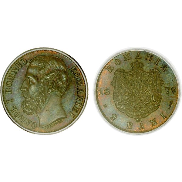 ROMANIA: Carol I, as Prince, 1866-1881, AE 2 bani, 1879-B, ICG MS64 RB