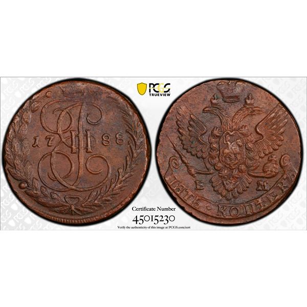 RUSSIAN EMPIRE: Catherine II, the Great, 1762-1796, AE 5 kopecks, 1788-EM, PCGS AU58