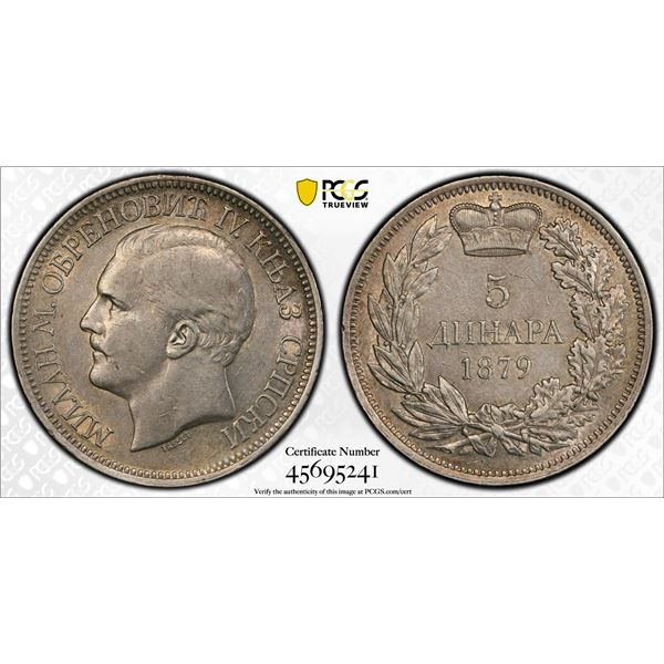 SERBIA: Milan Obrenovic IV, Prince, 1868-1882, AR 5 dinara, 1879, PCGS AU50