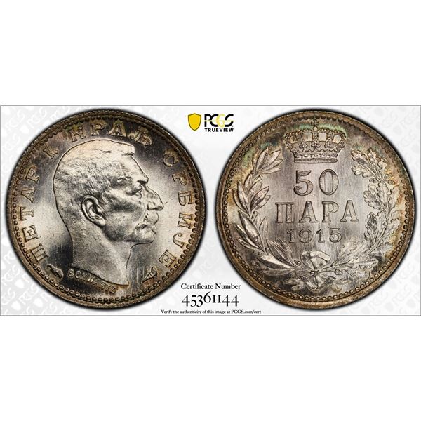 SERBIA: Peter I, 1903-1918, AR 50 para, 1915, PCGS MS66