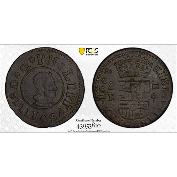 SPAIN: Philip IV, 1621-1665, AE 16 maravedis, Sevilla, 1663, PCGS MS63 BN