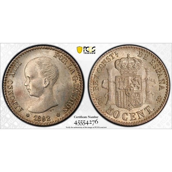SPAIN: Alfonso XIII, 1886-1931, AR 50 centimos, 1892, PCGS MS62