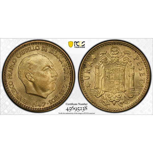 SPAIN: Francisco Franco, Caudillo, 1936-1975, 1 peseta, 1947 (54), PCGS MS65