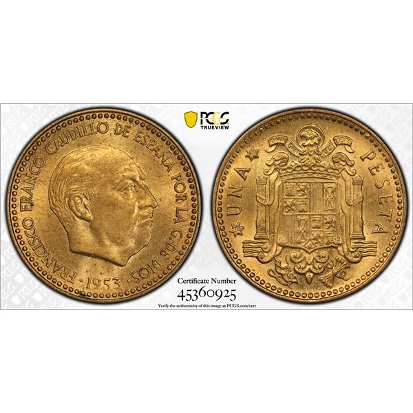 SPAIN: Francisco Franco, Caudillo, 1936-1975, 1 peseta, 1953 (54), PCGS MS64