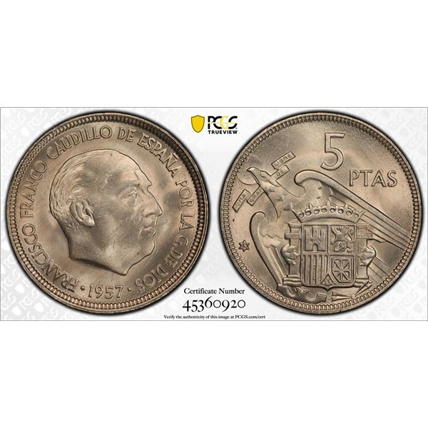 SPAIN: Francisco Franco, Caudillo, 1936-1975, 5 pesetas, 1957 (63), PCGS MS64