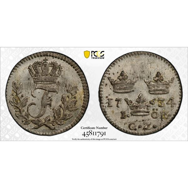 SWEDEN: Frederick I, 1720-1751, AR öre silvermynt, Stockholm, 1734, PCGS MS65