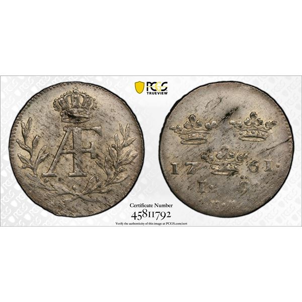 SWEDEN: Adolf Fredrik, 1751-1771, AR öre silvermynt, Stockholm, 1761, PCGS MS63