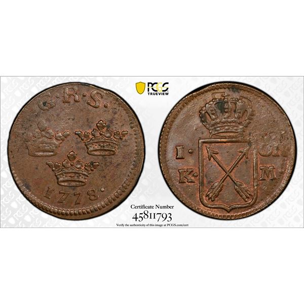 SWEDEN: Gustav III, 1771-1792, AE öre kopparmynt, Avesta, 1778, PCGS MS63 BN