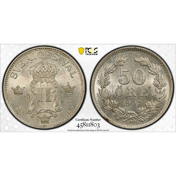 SWEDEN: Oscar II, 1872-1907, AR 50 öre, 1907, PCGS MS63