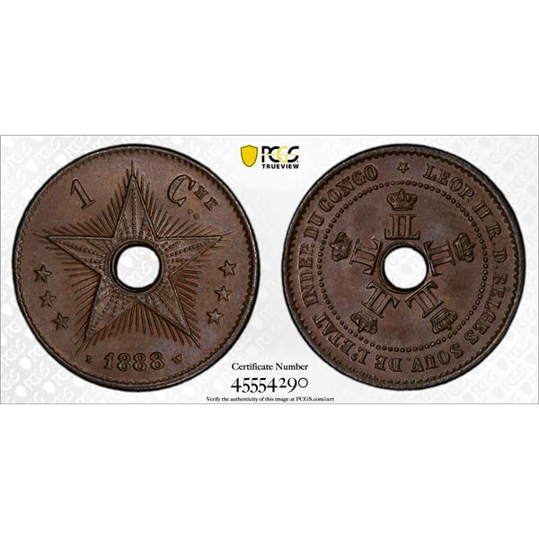 BELGIAN CONGO: Leopold II, 1885-1909, AE centime, 1888, PCGS MS65 BN