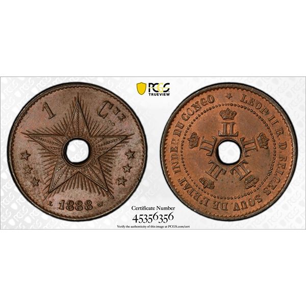 BELGIAN CONGO: Leopold II, 1885-1909, AE centime, 1888, PCGS MS64 BN