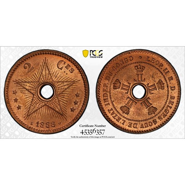BELGIAN CONGO: Leopold II, 1885-1909, AE 2 centimes, 1888, PCGS MS65 RD