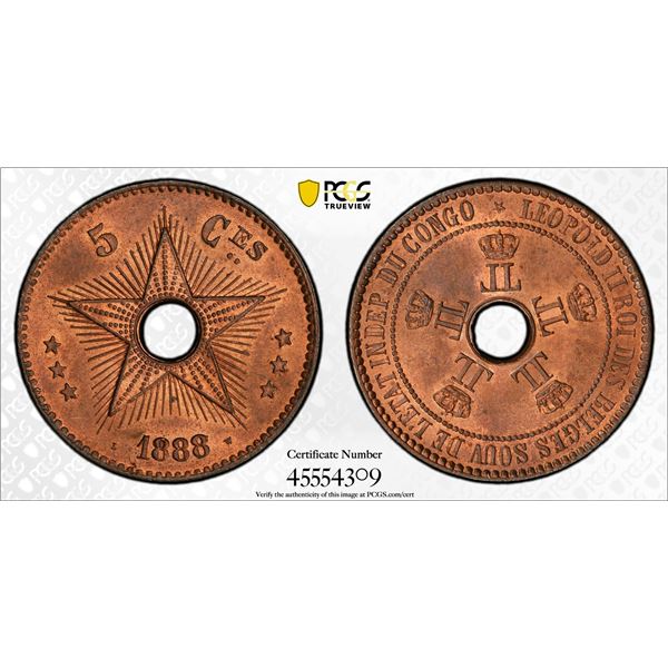 BELGIAN CONGO: Leopold II, 1885-1909, AE 5 centimes, 1888, PCGS MS65 RB