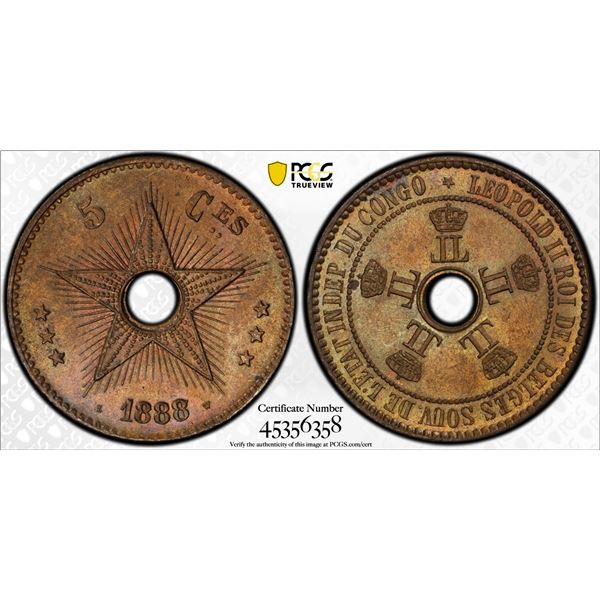 BELGIAN CONGO: Leopold II, 1885-1909, AE 5 centimes, 1888/7, PCGS MS64 BN