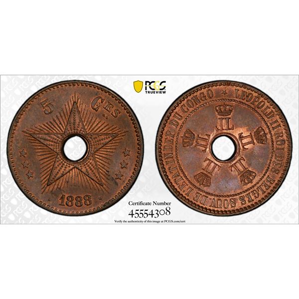 BELGIAN CONGO: Leopold II, 1885-1909, AE 5 centimes, 1888/7, PCGS MS64 BN