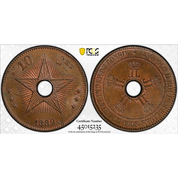 BELGIAN CONGO: Leopold II, 1885-1908, AE 10 centimes, 1889, PCGS MS65 BN
