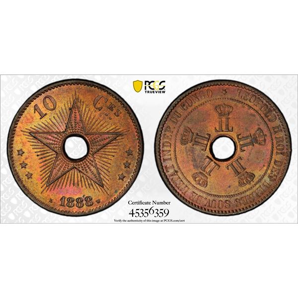 BELGIAN CONGO: Leopold II, 1885-1909, AE 10 centimes, 1888, PCGS MS63 RB