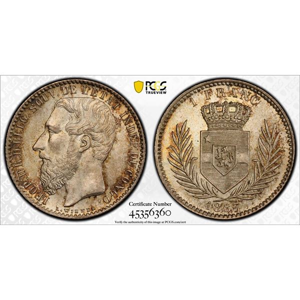 BELGIAN CONGO: Leopold II, 1885-1909, AR franc, 1887, PCGS MS65