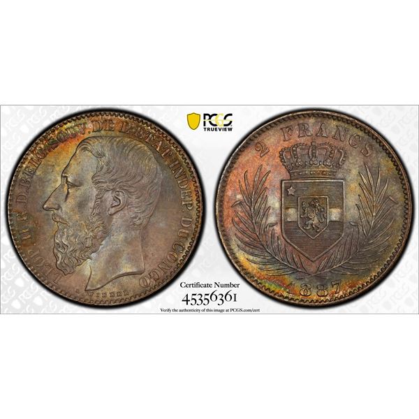 BELGIAN CONGO: Leopold II, 1885-1909, AR 2 francs, 1887, PCGS MS66
