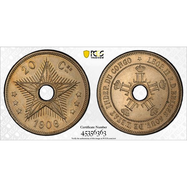 BELGIAN CONGO: Leopold II, 1885-1909, 20 centimes, 1906, PCGS MS65