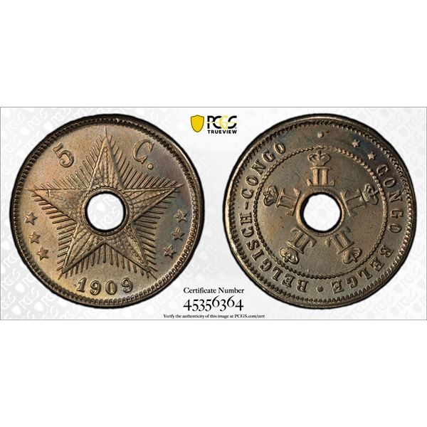 BELGIAN CONGO: Leopold II, 1885-1909, 5 centimes, 1909, PCGS MS66