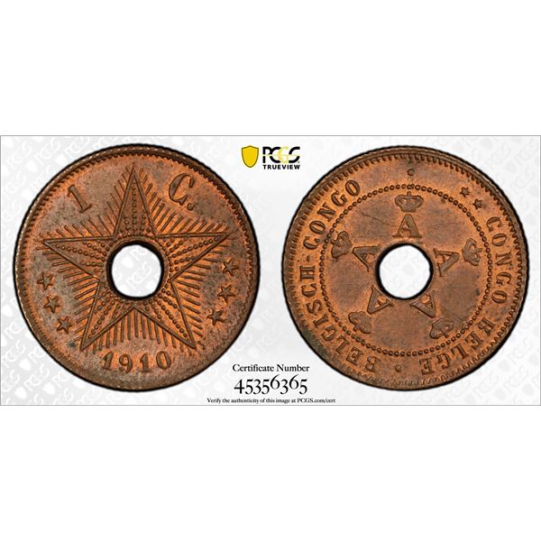 BELGIAN CONGO: Albert I, 1909-1934, AE centime, 1910, PCGS MS64 RB