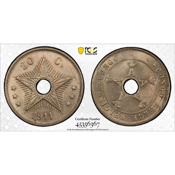 BELGIAN CONGO: Albert I, 1909-1934, 20 centimes, 1911, PCGS MS64