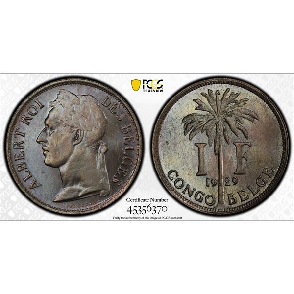 BELGIAN CONGO: Albert I, 1909-1934, 1 franc, 1929, PCGS MS66
