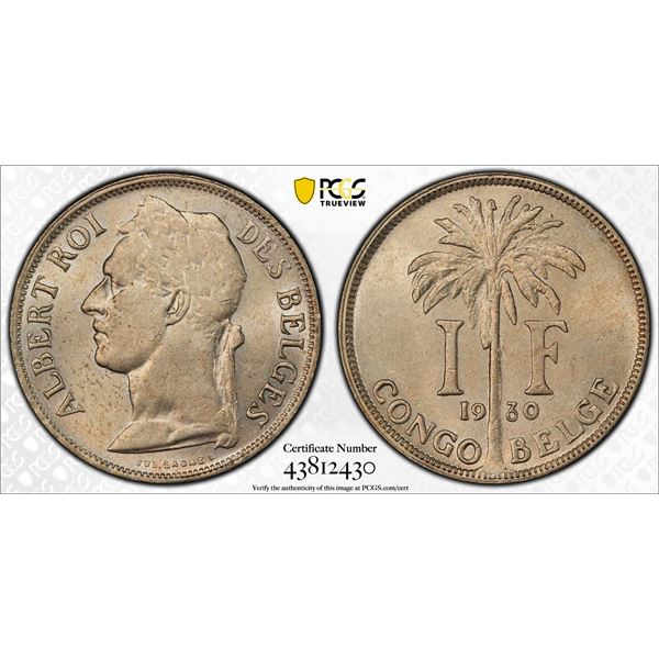 BELGIAN CONGO: Albert I, 1909-1934, 1 franc, 1930, PCGS MS62