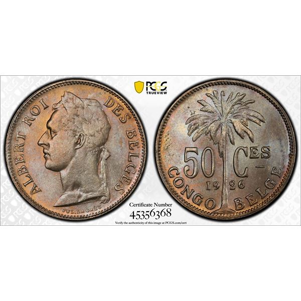 BELGIAN CONGO: Albert I, 1909-1934, 50 centimes, 1926, PCGS MS65