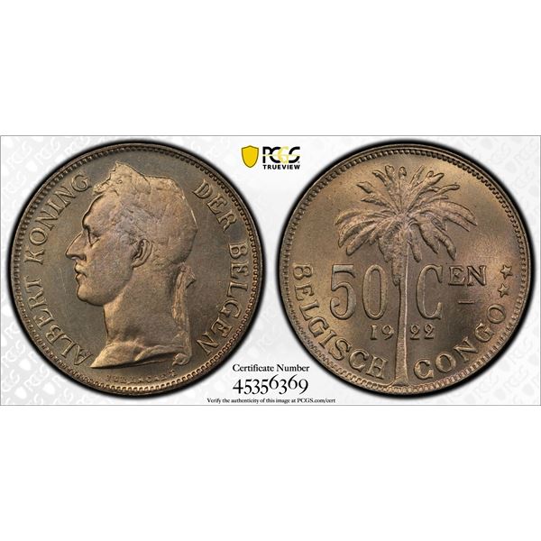 BELGIAN CONGO: Albert I, 1909-1934, 50 centimes, 1922, PCGS MS64