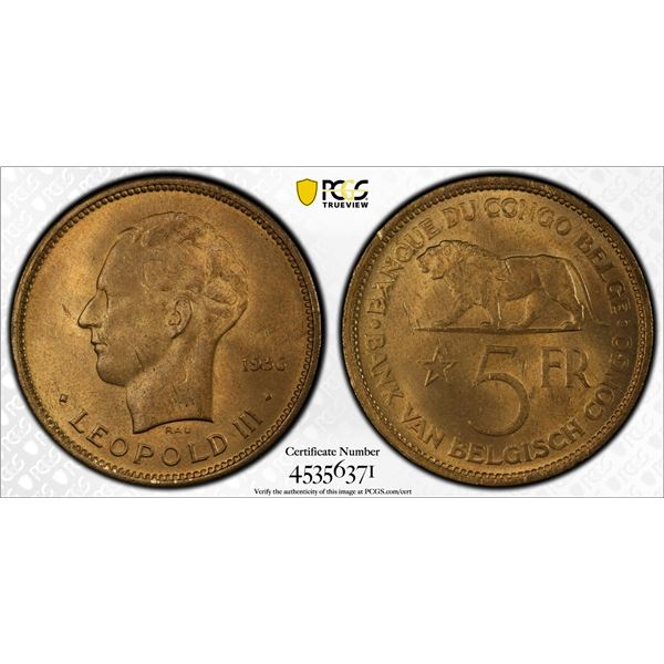 BELGIAN CONGO: Leopold III, 1934-1950, 5 francs, 1936, PCGS MS63