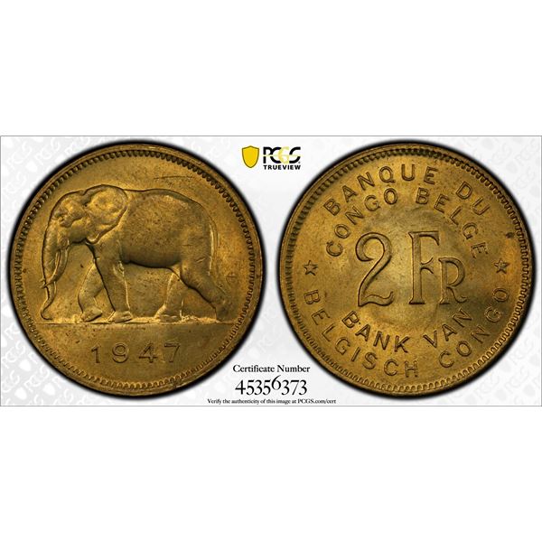 BELGIAN CONGO: Leopold III, 1934-1950, 2 francs, 1947, PCGS MS64