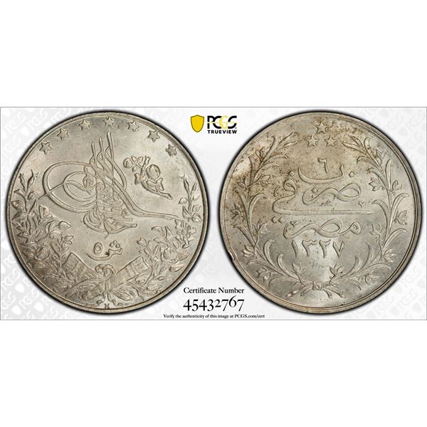 EGYPT: Mohammad V, 1909-1914, AR 5 qirsh, Misr, AH1327 year 6, PCGS MS64