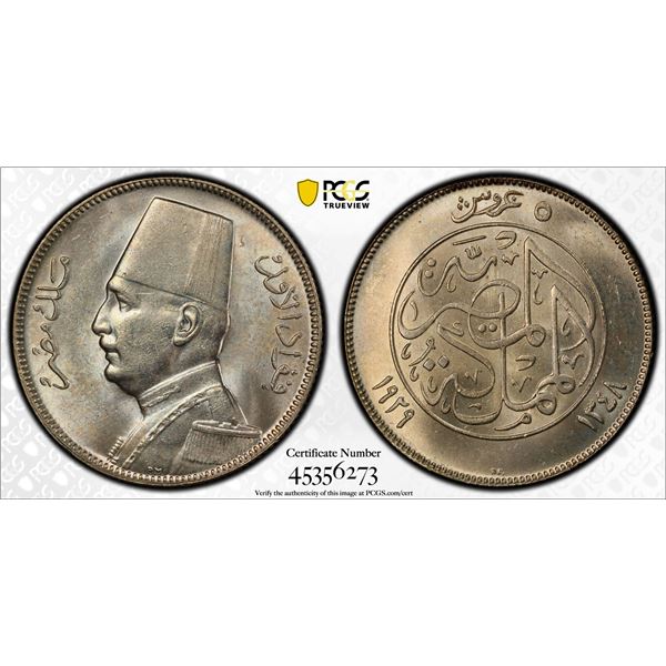 EGYPT: Fuad, as King, 1922-1936, AR 5 piastres, 1929/AH1348, PCGS MS64