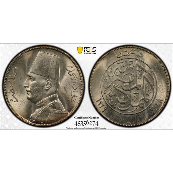 EGYPT: Fuad, as King, 1922-1936, AR 5 piastres, 1929/AH1348, PCGS MS64