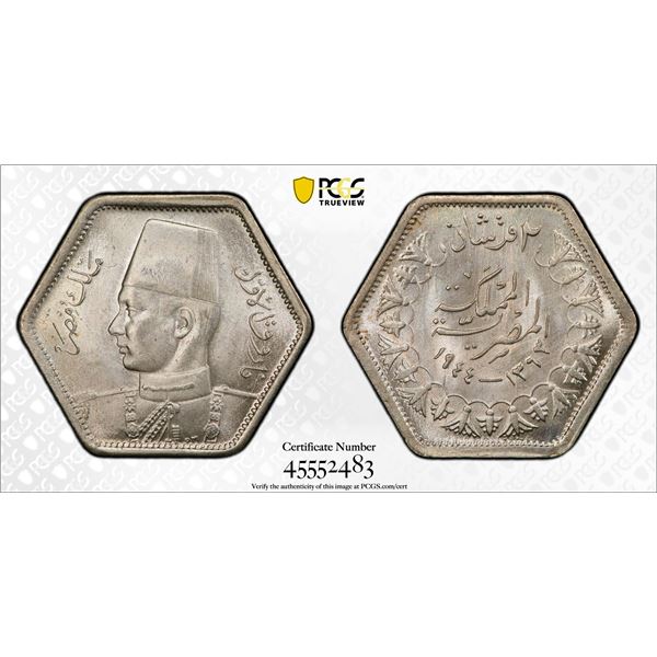 EGYPT: Farouk, 1936-1952, AR 2 piastres, 1944/AH1363, PCGS MS64