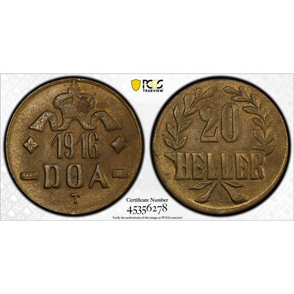 GERMAN EAST AFRICA: Wilhelm II, 1891-1918, AE 20 heller, 1916-T, PCGS MS63
