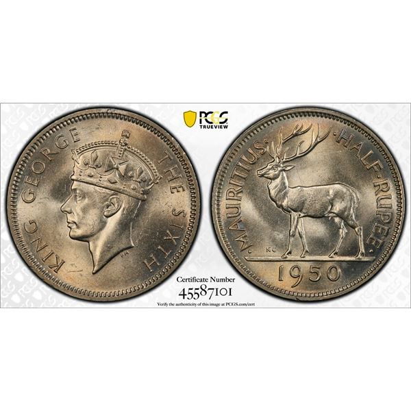 MAURITIUS: George VI, 1936-1952, 1/2 rupee, 1950, PCGS MS64