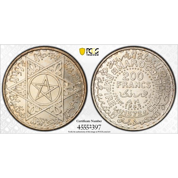 MOROCCO: Mohammed V, 1927-1962, AR 200 francs, 1953/AH1372, PCGS MS66