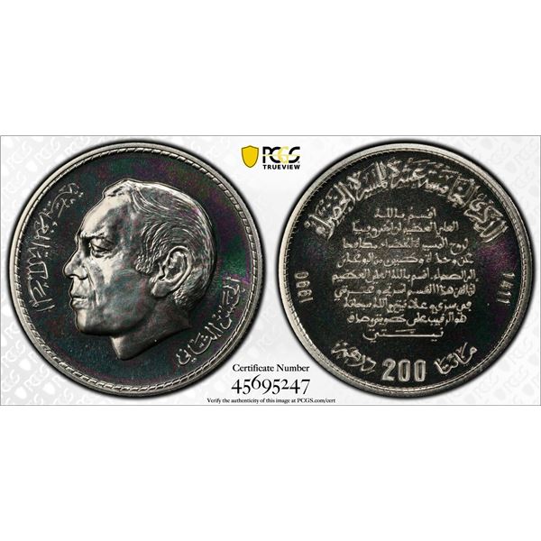 MOROCCO: Hassan II, 1961-1999, AR 200 dirhams, 1990/AH1411, PCGS MS69