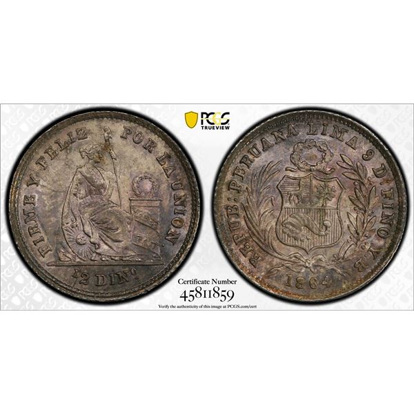 PERU: Republic, AR 1/2 dinero, Lima, 1864, PCGS MS65