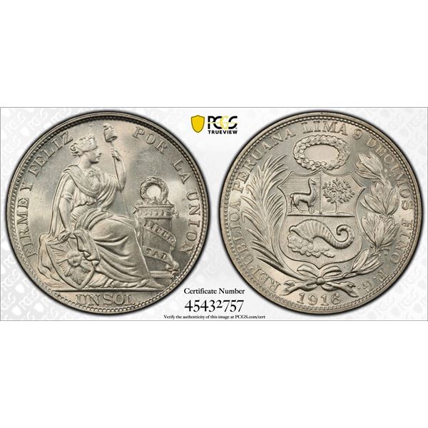 PERU: Republic, AR sol, 1916, PCGS MS64