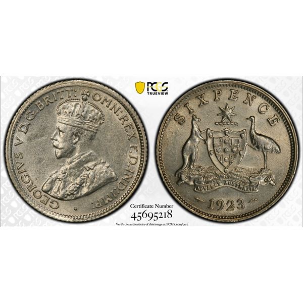 AUSTRALIA: George V, 1910-1936, AR sixpence, 1923, PCGS AU details